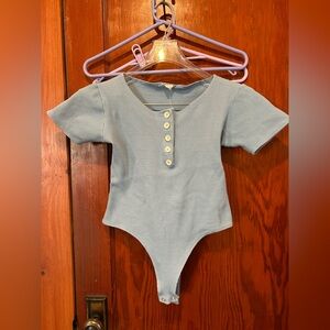 Vintage blue high leg bodysuit pearl iridescent buttons